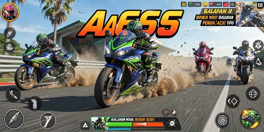 Gameplay seru dengan motor balap yang cepat dan lintasan menantang.