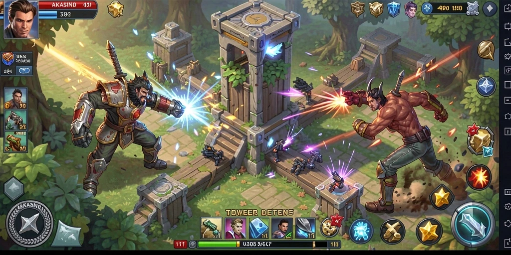Tampilan gameplay Tower Defense yang mendebarkan dan penuh warna.