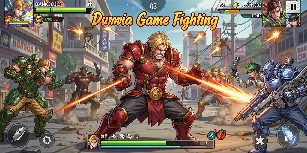 Tampilan gameplay pertarungan seru di BANK303 dengan karakter yang beragam.
