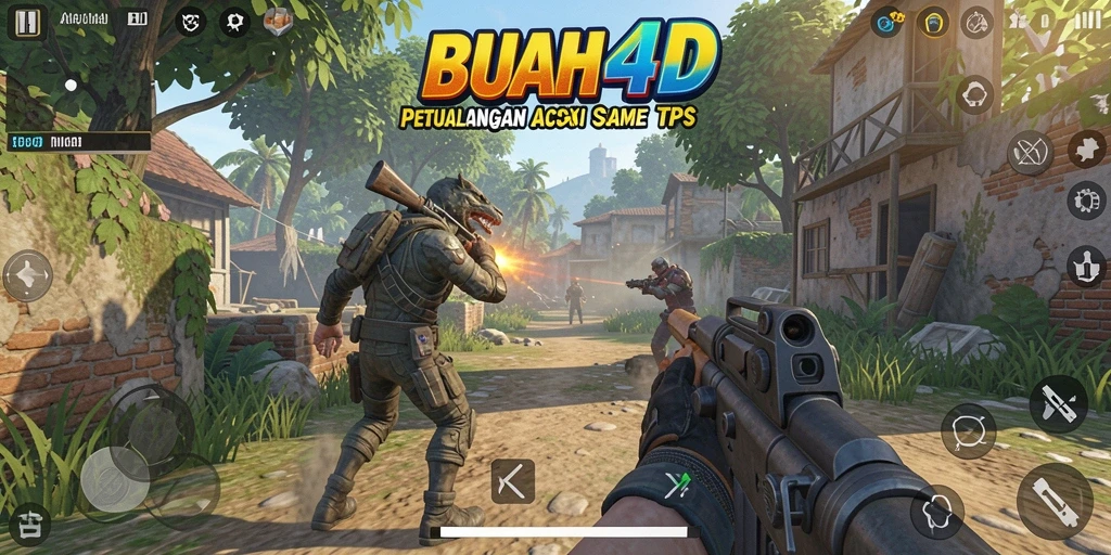Tampilan gameplay seru dalam BUAH4D dengan aksi tembak-menembak.