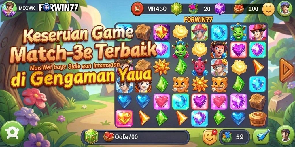 Screenshot utama FORWIN77 menampilkan gameplay Match-3 yang seru dan penuh warna.