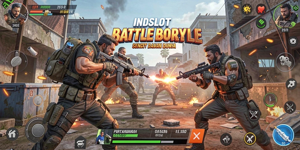 Screenshot INDSLOT menampilkan aksi epic dalam permainan Battle Royale.