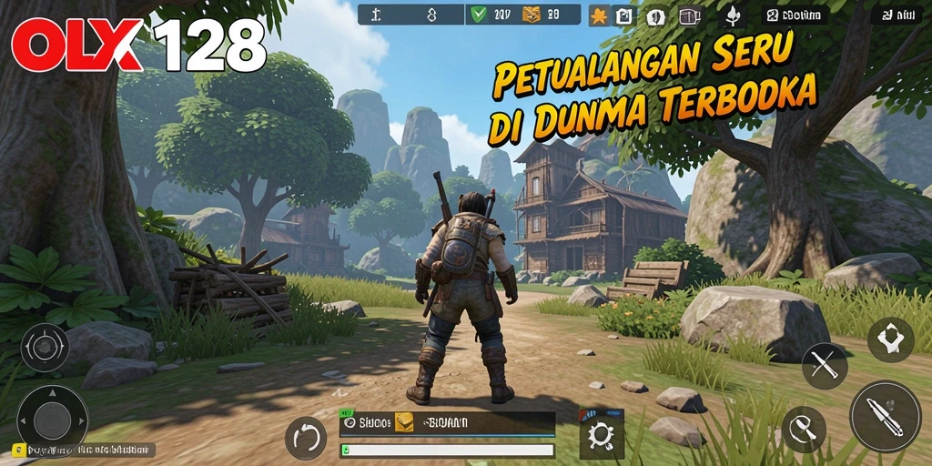 Screenshot gameplay OLX128 menunjukkan eksplorasi luas di dunia terbuka.