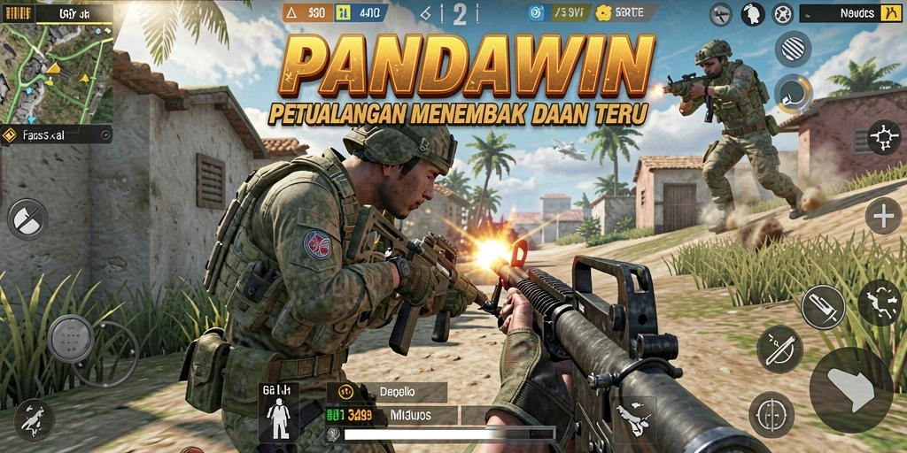 Tangkapan layar dari gameplay seru PANDAWIN dengan aksi menembak yang intens.