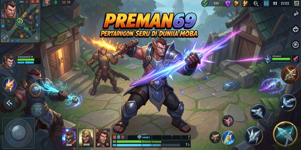 Tampilan pertarungan epik dalam game MOBA PREMAN69.