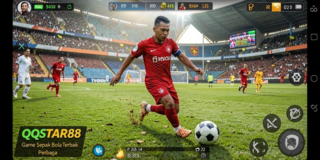 Screenshot gameplay QQSTAR88 dengan aksi seru di lapangan sepak bola.