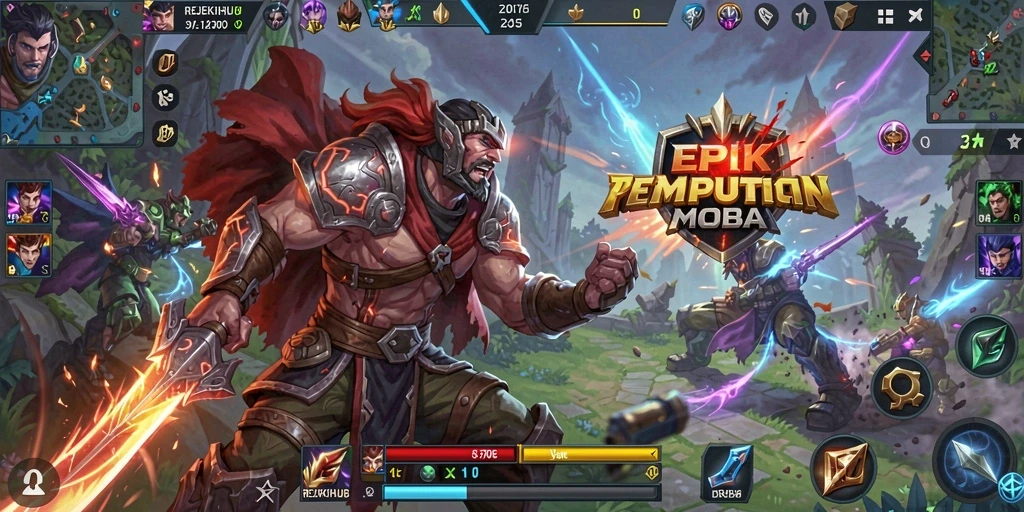 Gameplay seru REJEKIHUB dengan aksi MOBA yang mendebarkan.