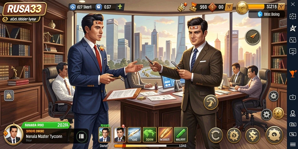 Screenshot utama RUSA33 menampilkan momen seru dalam mengelola bisnis Tycoon.